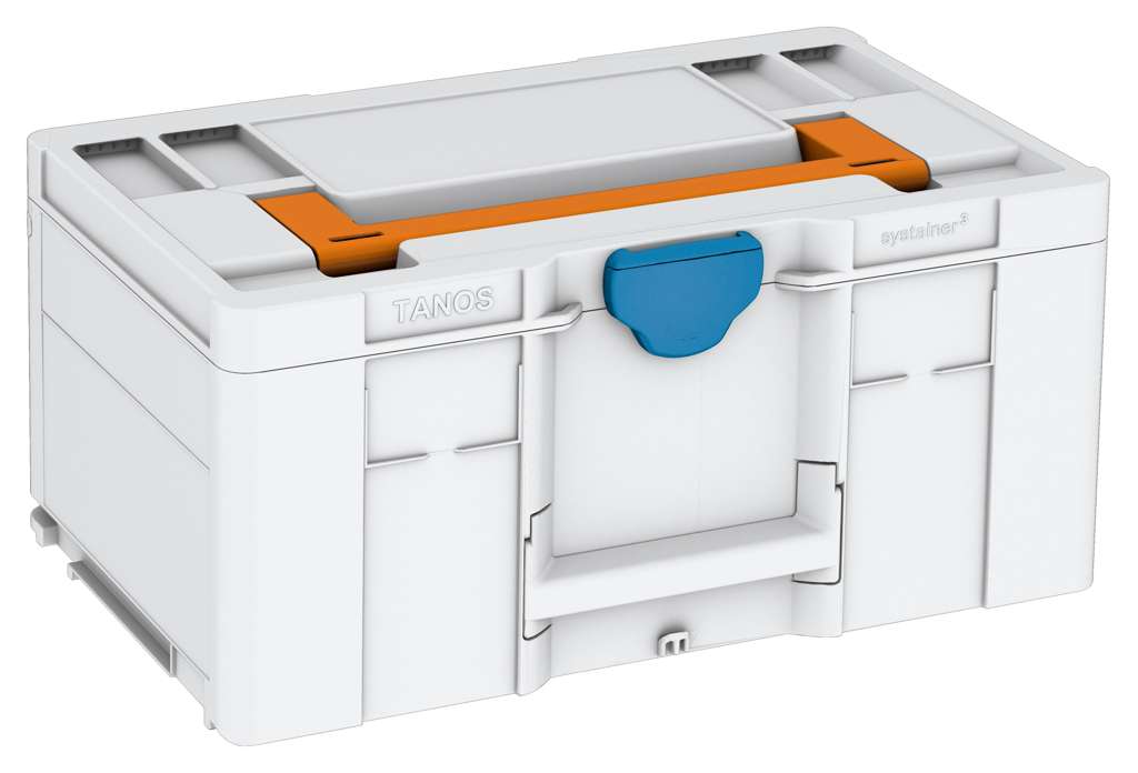 Systainer³ L 237, Light Grey with Deep Orange lid handle and Sky Blue catches