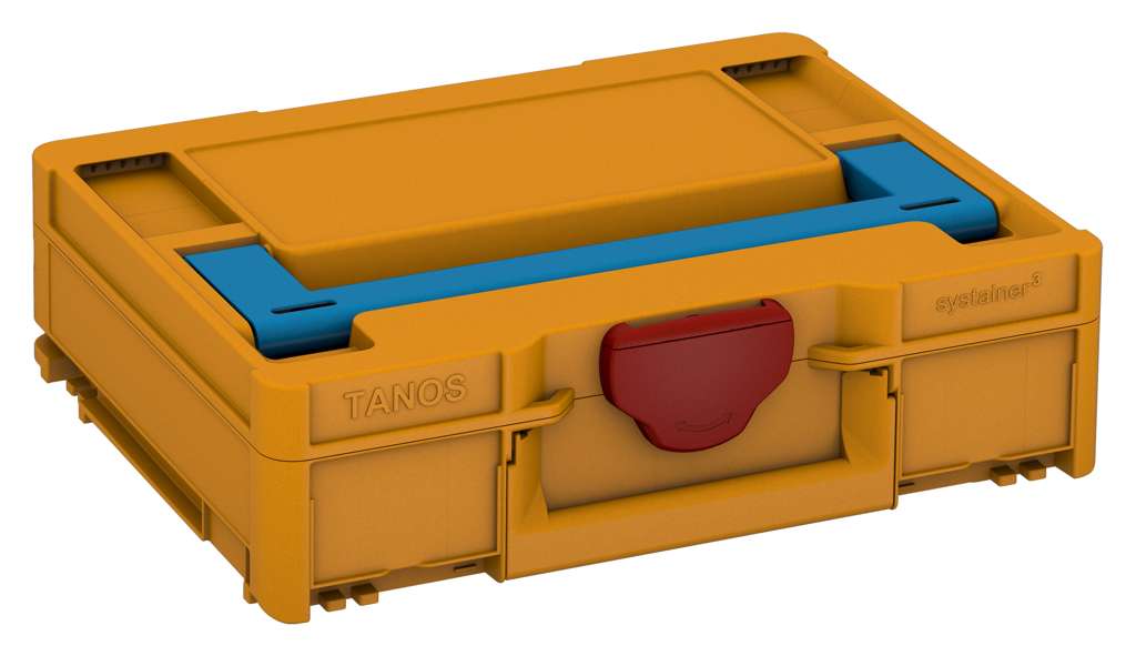 Systainer³ M 112, Daffodil Yellow with Sky Blue lid handle and Carmine Red catches