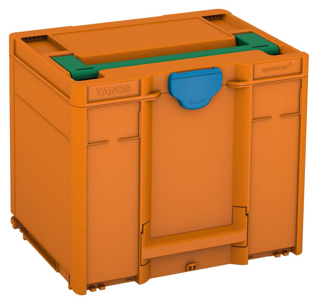 Systainer³ M 337, Deep Orange with Signal Green lid handle and Sky Blue catches