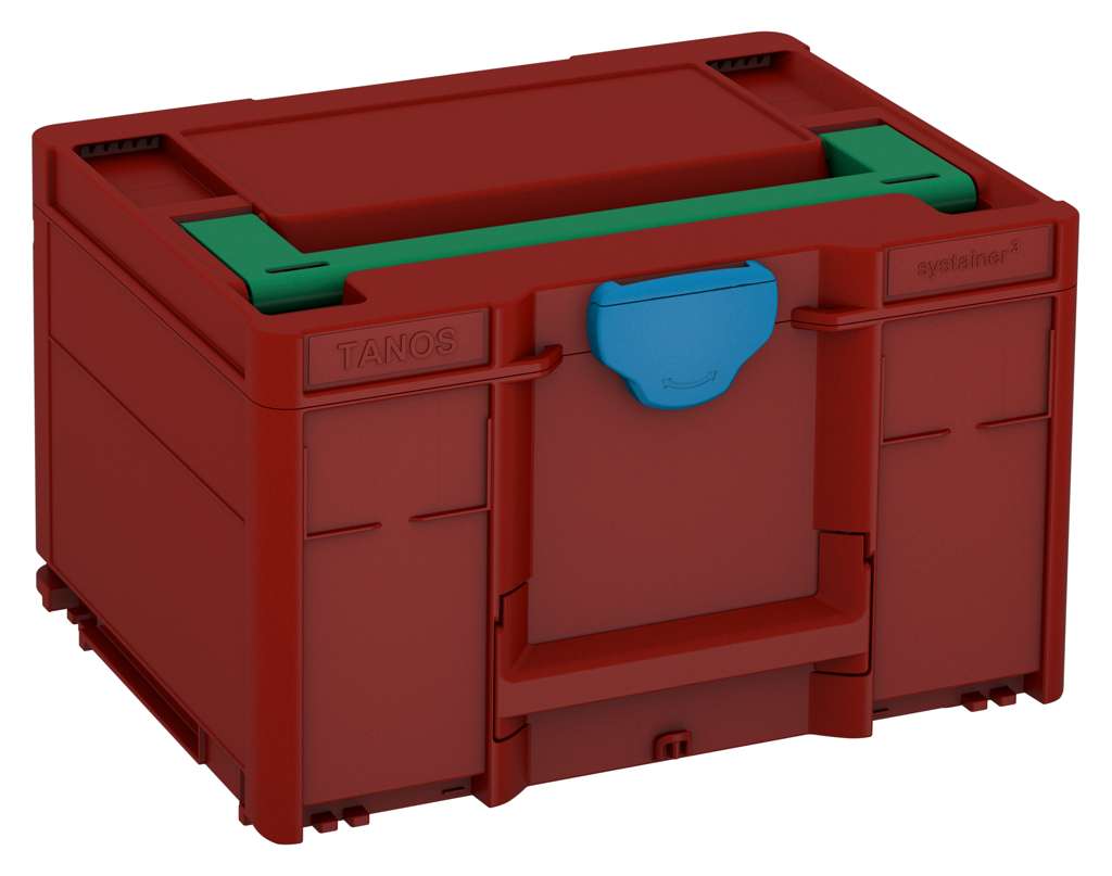 Systainer³ M 237, Carmine Red with Signal Green lid handle and Sky Blue catches