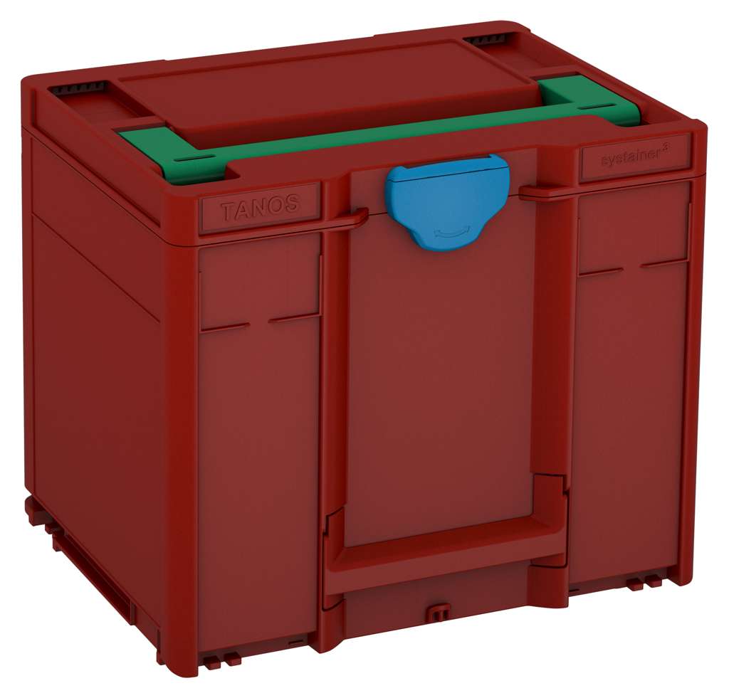 Systainer³ M 337, Carmine Red with Signal Green lid handle and Sky Blue catches