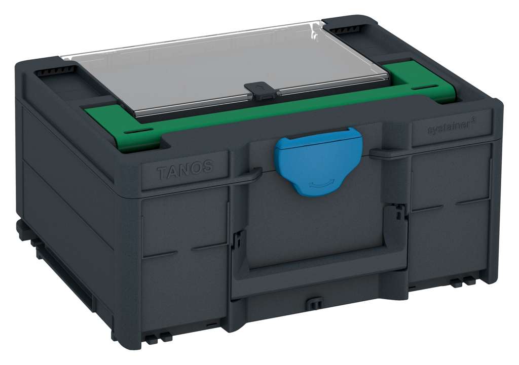 Systainer³ Lid Compartment M 187, Anthracite with Signal Green lid handle and Sky Blue catches