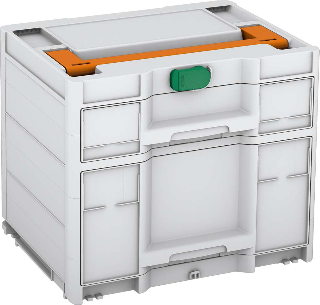 Systainer³ Sortainer/2 M 337, Light Grey with Deep Orange lid handle and Signal Green catches