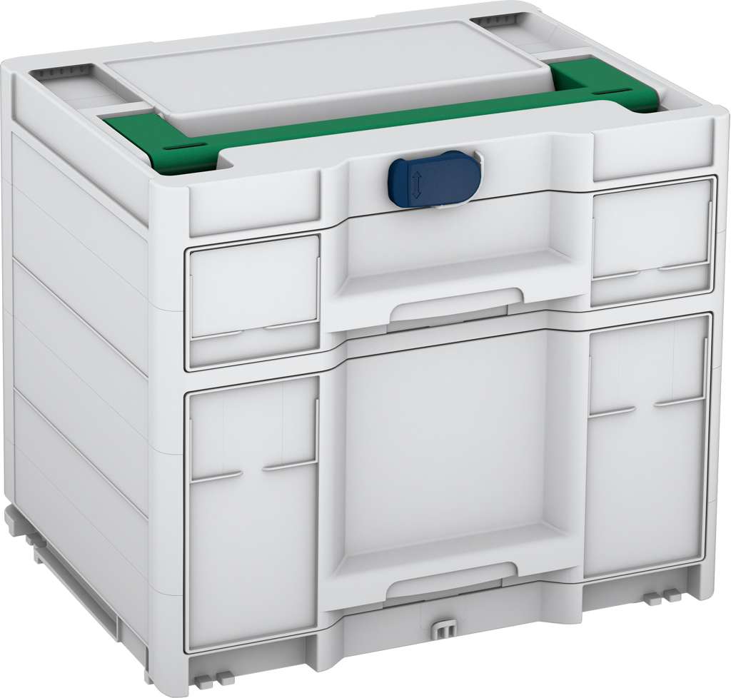 Systainer³ Sortainer/2 M 337, Light Grey with Signal Green lid handle and Sapphire Blue catches