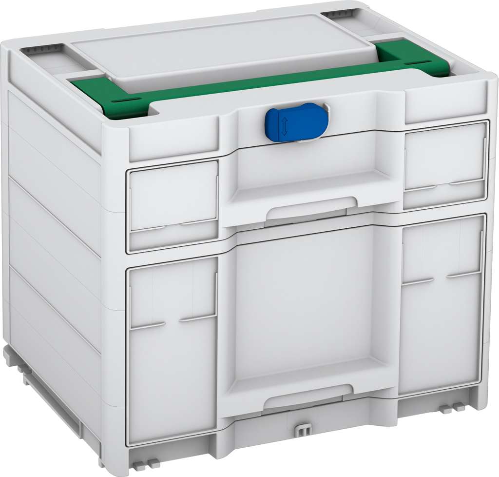 Systainer³ Sortainer/2 M 337, Light Grey with Signal Green lid handle and Signal Blue catches