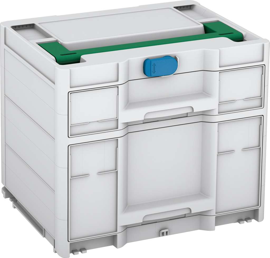 Systainer³ Sortainer/2 M 337, Light Grey with Signal Green lid handle and Sky Blue catches