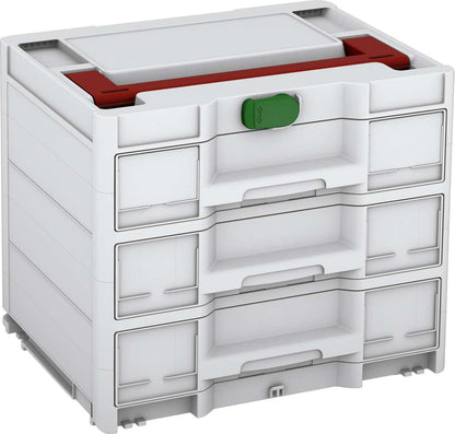 Systainer³ Sortainer/3 M 337, Light Grey with Carmine Red lid handle and Emerald Green catches