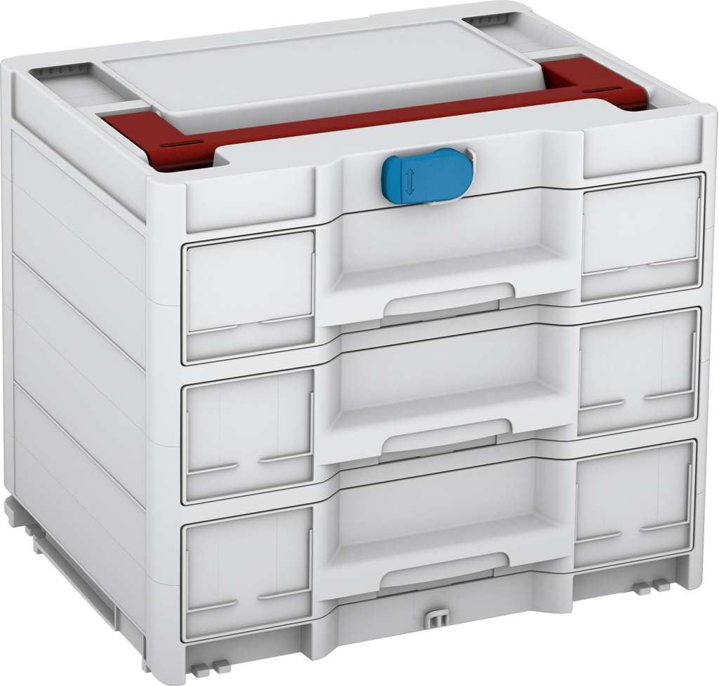 Systainer³ Sortainer/3 M 337, Light Grey with Carmine Red lid handle and Sky Blue catches