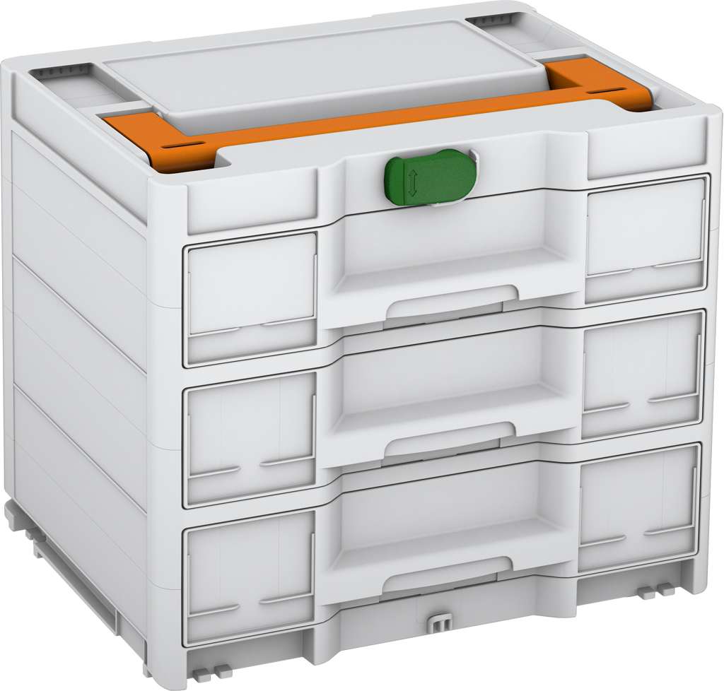 Systainer³ Sortainer/3 M 337, Light Grey with Deep Orange lid handle and Emerald Green catches