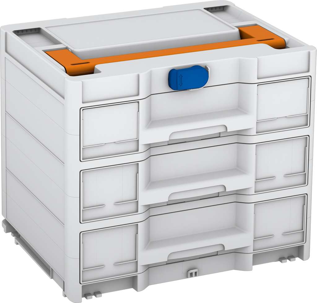 Systainer³ Sortainer/3 M 337, Light Grey with Deep Orange lid handle and Signal Blue catches