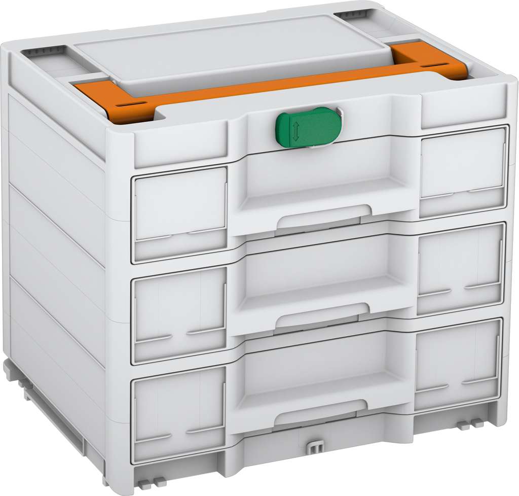 Systainer³ Sortainer/3 M 337, Light Grey with Deep Orange lid handle and Signal Green catches