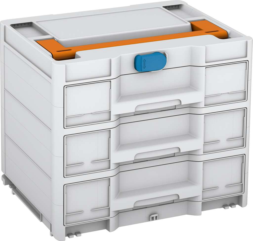 Systainer³ Sortainer/3 M 337, Light Grey with Deep Orange lid handle and Sky Blue catches
