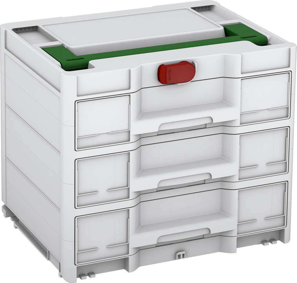 Systainer³ Sortainer/3 M 337, Light Grey with Emerald Green lid handle and Carmine Red catches