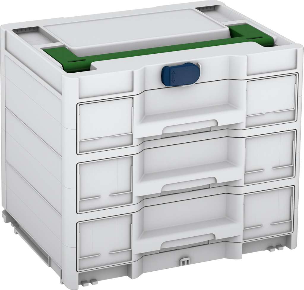 Systainer³ Sortainer/3 M 337, Light Grey with Emerald Green lid handle and Sapphire Blue catches
