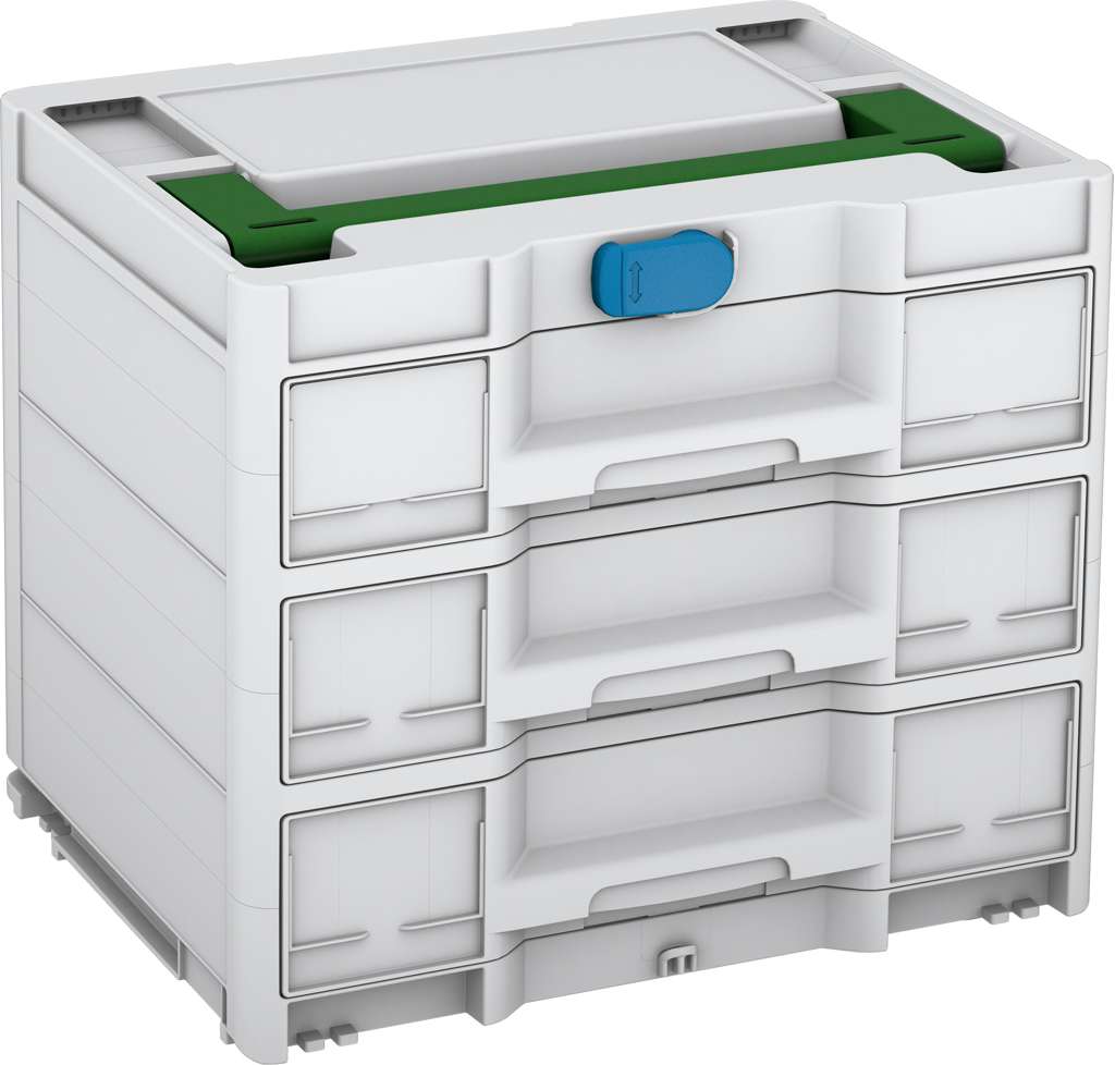 Systainer³ Sortainer/3 M 337, Light Grey with Emerald Green lid handle and Sky Blue catches