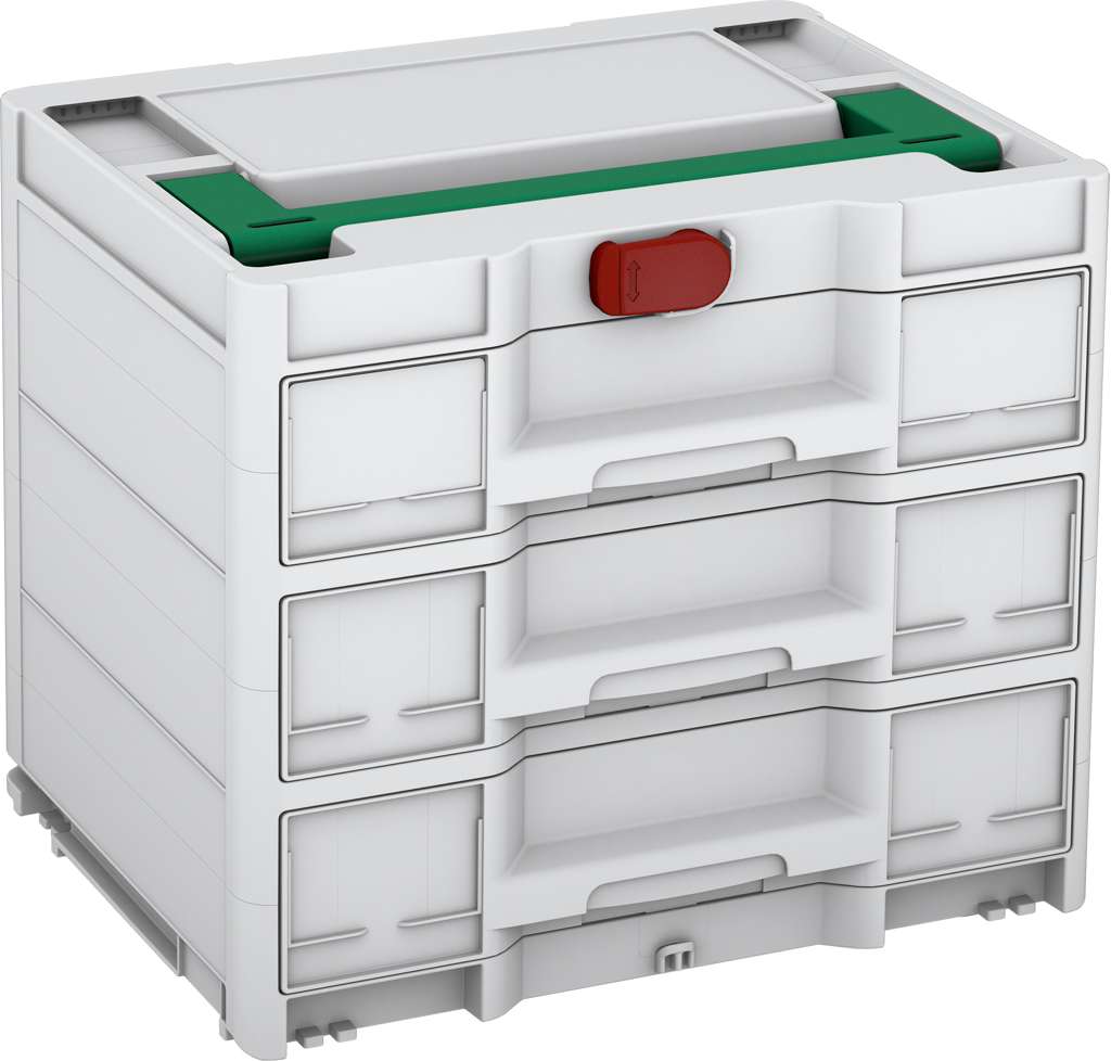 Systainer³ Sortainer/3 M 337, Light Grey with Signal Green lid handle and Carmine Red catches