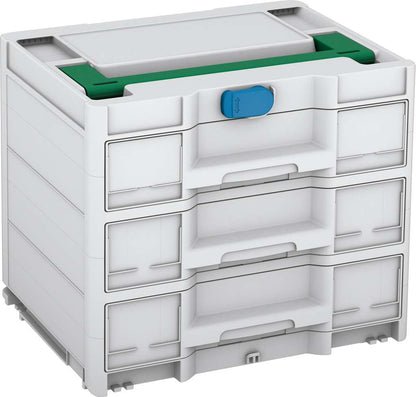 Systainer³ Sortainer/3 M 337, Light Grey with Signal Green lid handle and Sky Blue catches