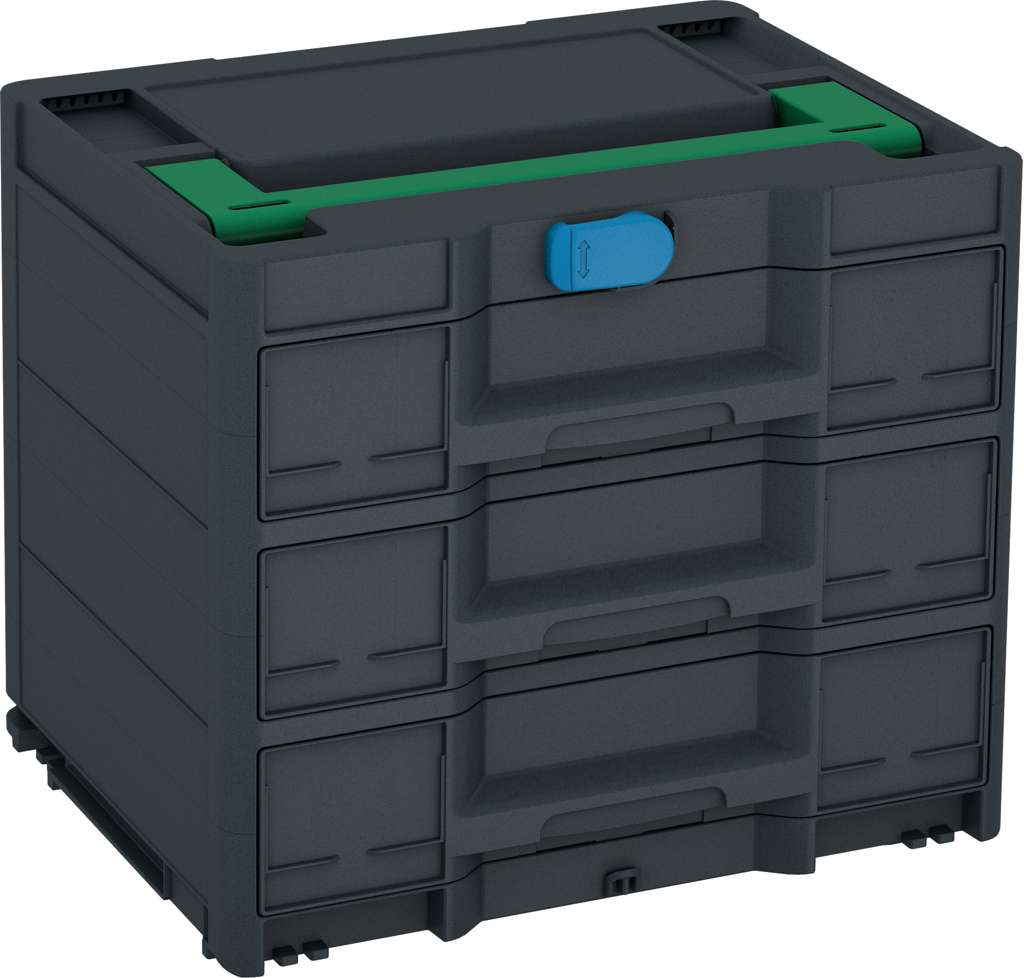 Systainer³ Sortainer/3 M 337, Anthracite with Signal Green lid handle and Sky Blue catches