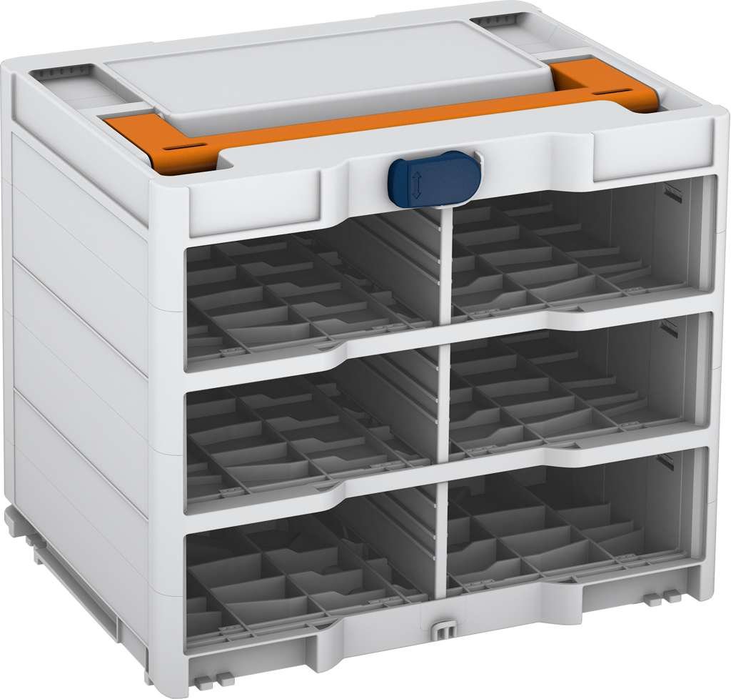 Systainer³ Rack/0 M 337, Light Grey with Deep Orange lid handle and Sapphire Blue catches