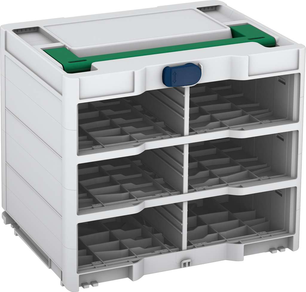 Systainer³ Rack/0 M 337, Light Grey with Signal Green lid handle and Sapphire Blue catches