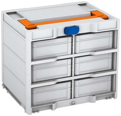 Systainer³ Rack/6 M 337, Light Grey with Deep Orange lid handle and Signal Blue catches