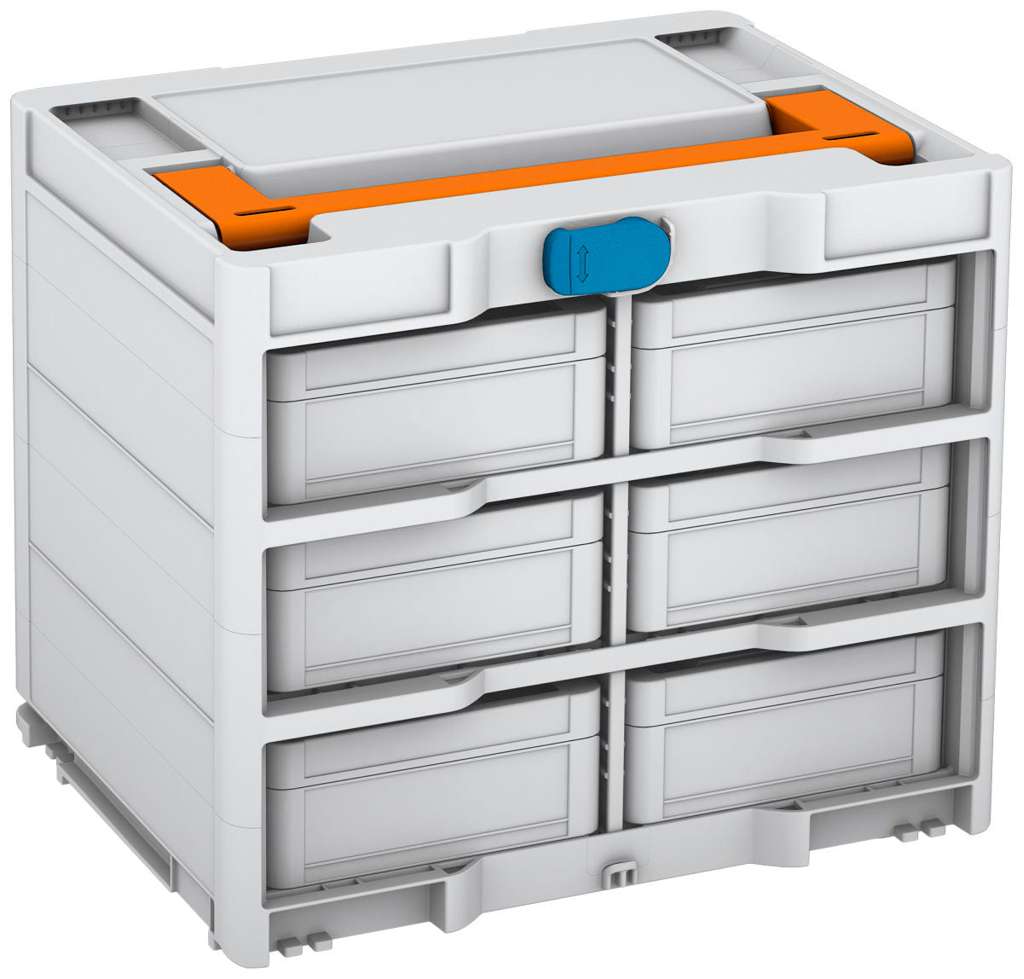 Systainer³ Rack/6 M 337, Light Grey with Deep Orange lid handle and Sky Blue catches