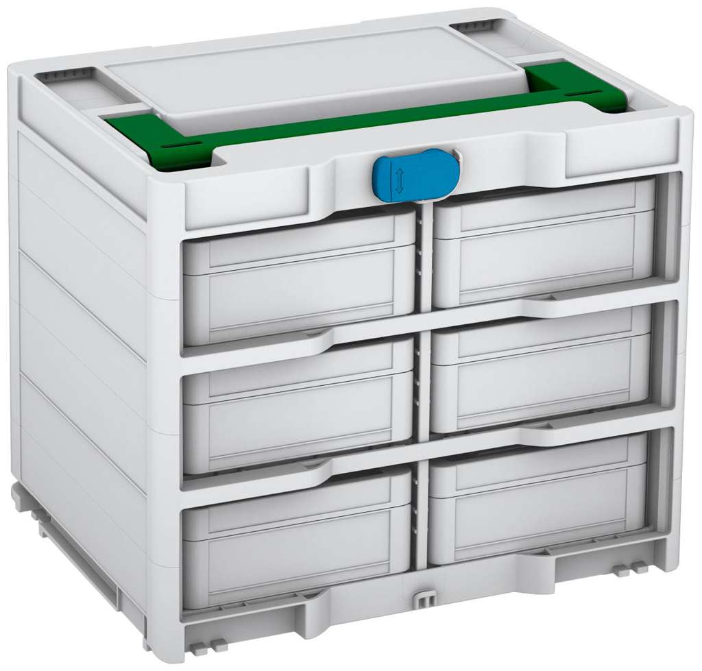 Systainer³ Rack/6 M 337, Light Grey with Emerald Green lid handle and Sky Blue catches