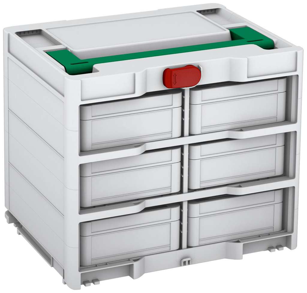 Systainer³ Rack/6 M 337, Light Grey with Signal Green lid handle and Carmine Red catches
