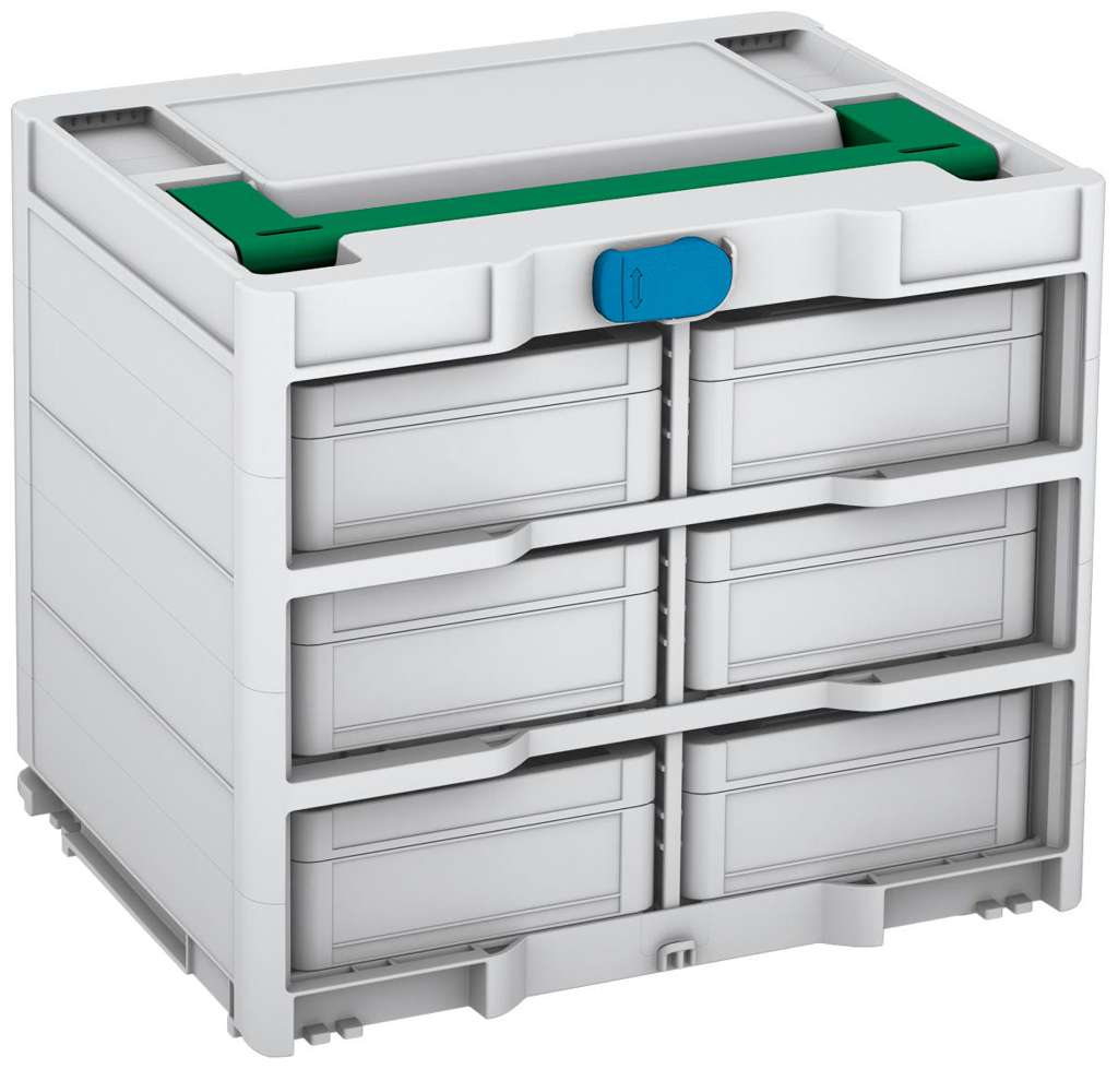 Systainer³ Rack/6 M 337, Light Grey with Signal Green lid handle and Sky Blue catches