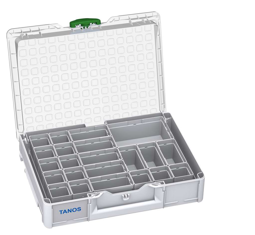 Systainer³ Organizer M 89 with 22 Insert Boxes, Light Grey with Transparent lid and Emerald Green catches