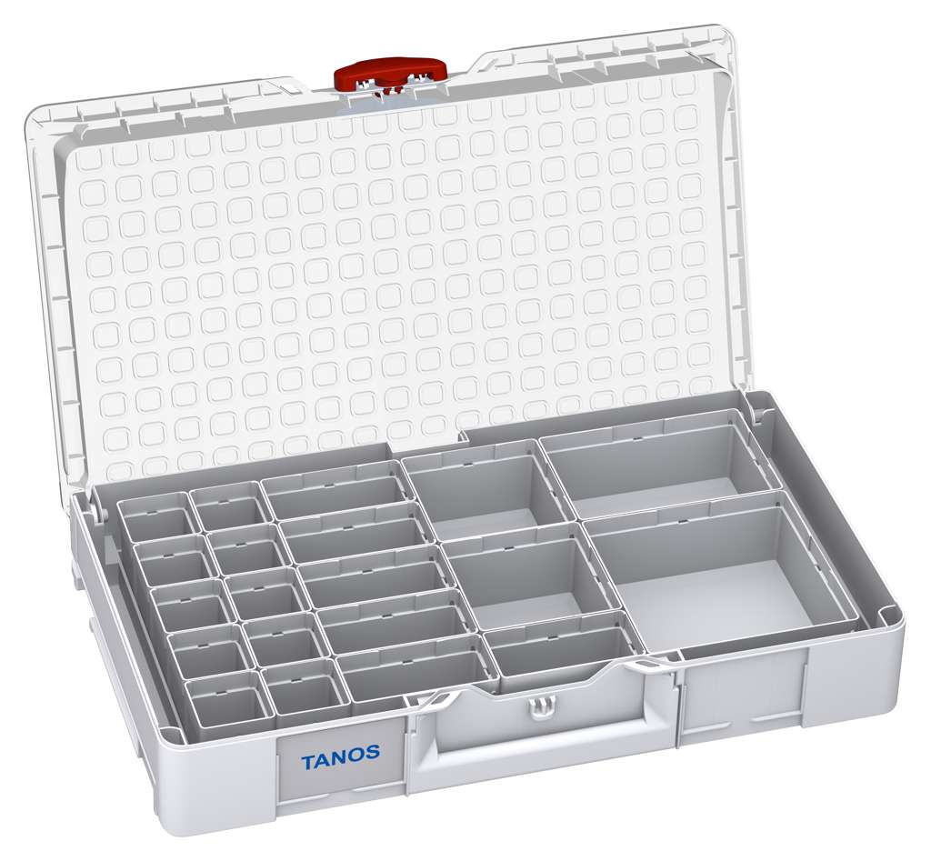Systainer³ Organizer L 89 with 20 Insert Boxes, Light Grey with Transparent lid and Carmine Red catches