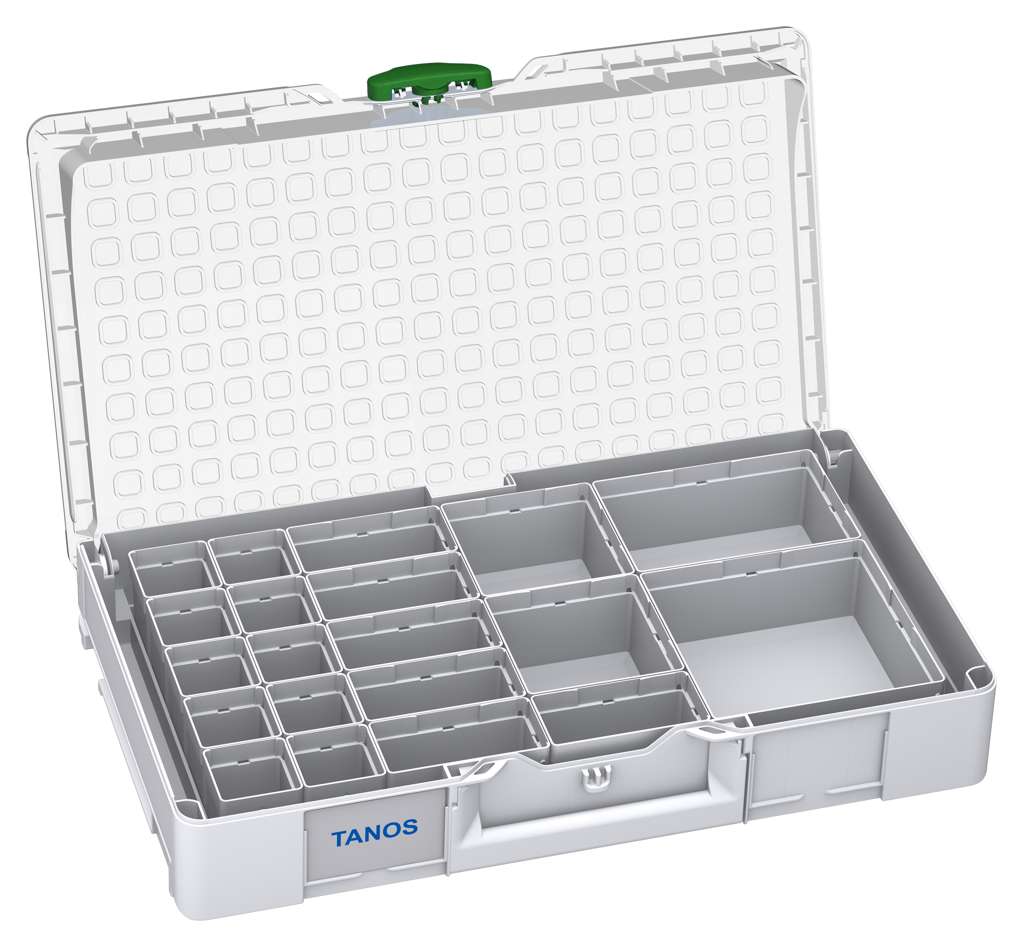 Systainer³ Organizer L 89 with 20 Insert Boxes, Light Grey with Transparent lid and Emerald Green catches