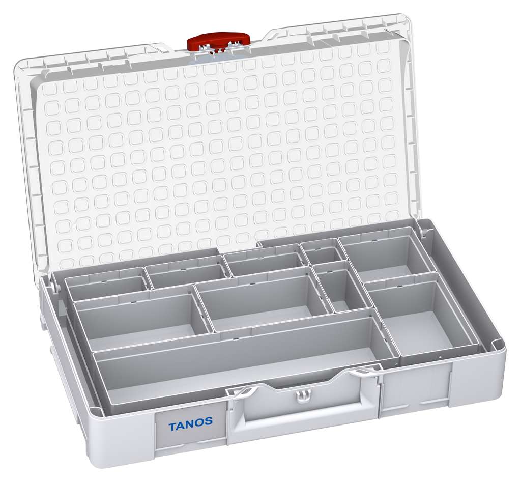 Systainer³ Organizer L 89 with 10 Insert Boxes, Light Grey with Transparent lid and Carmine Red catches